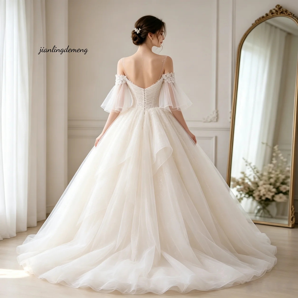 Elegant Ivory Sparkle Tulle Wedding Dress A-Line Off Shoulder Flutter Sleeve Tiered Ruffle Indoor Studio Bridal Gown Customized