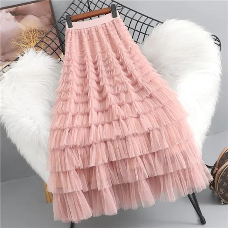 Classic Solid Color Women's Elastic Waist Skirt with Mesh Layer Layer Chiffon Splicing Elastic Slim Waist Lady Long Skirt