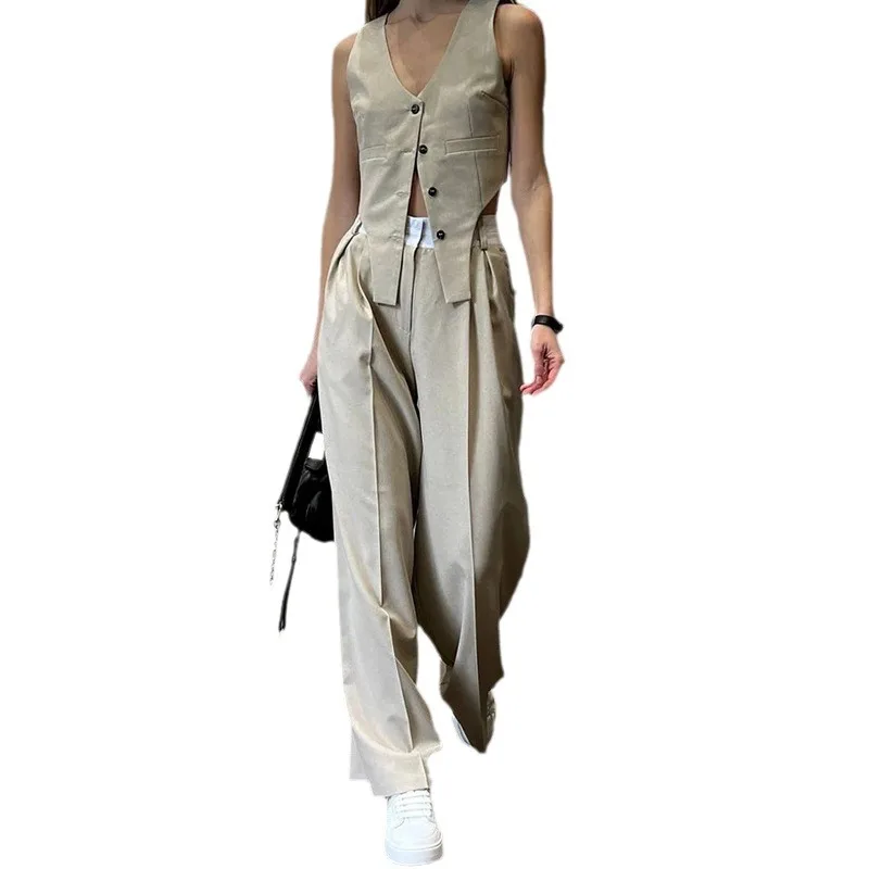 Women Two Piece Sets Pant Set Solid Casual V Neck Sleeveless Vest Tops High Waist Wide Leg Long Pants Solid Elegant Splice