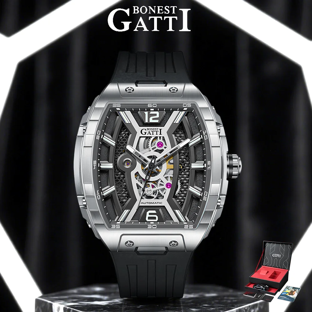 BONEST GATTI Men's Tonneau Auto Mechanical Watch Luxury Sapphire Crystal Silicone Strap 5ATM German Crafted Crafted BG-5601