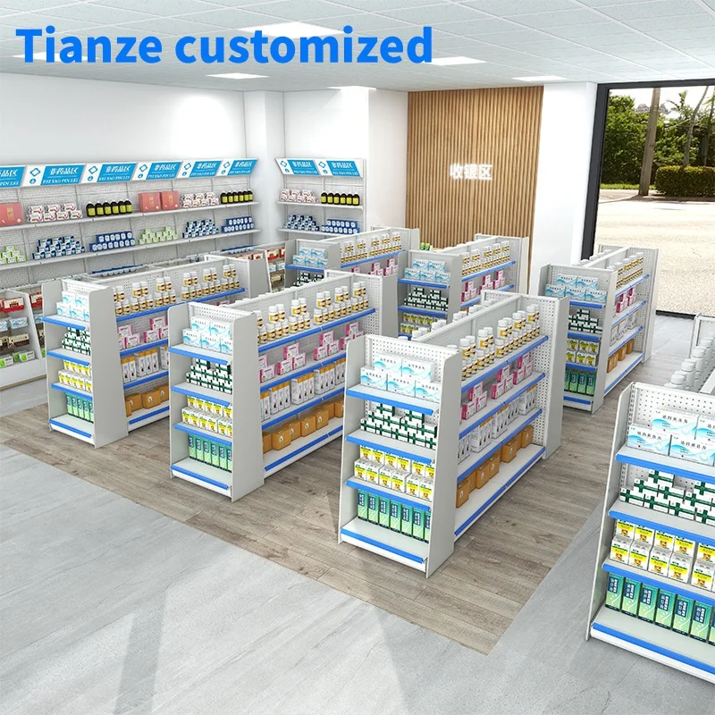 （customized）Pharmacy Furniture Shop Interior Design Pharmacy Rack Retail Medical Store Double Sided Gondola Pharmacy Shelving