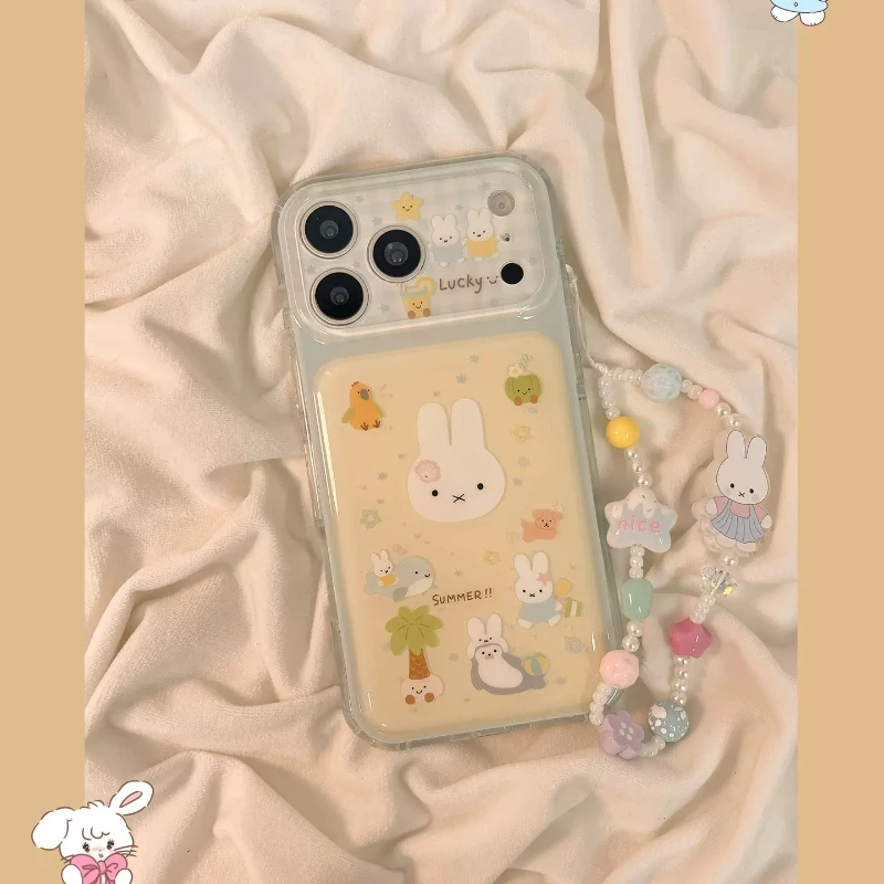 Miffy Kawaii Anime Soft and Cute Cute Blue Plaid Coconut Palm Mobile Phone Case Iphone16promax New Style Girls with Chain