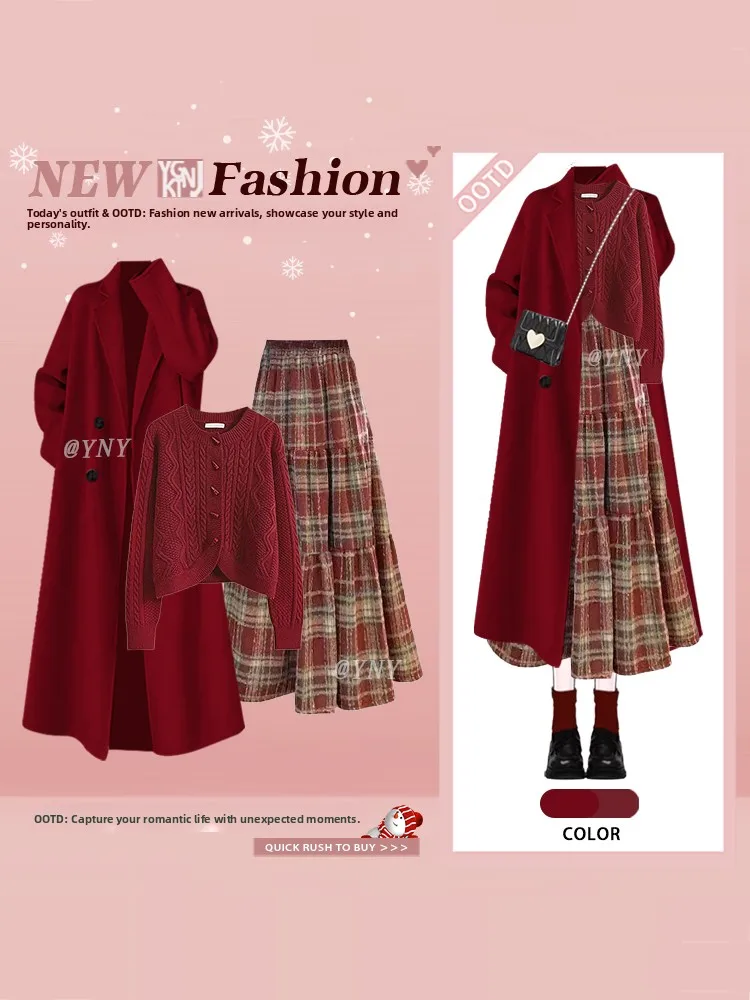 

Christmas Red Plaid Skirt Women's Winter Coat Sweater Cardigan Outerwear Long Sleeve Midi Dress Fashion Set for Women