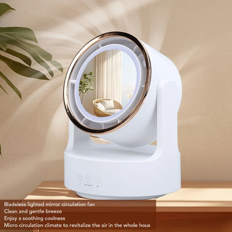Lighted Mirror Fan Multifunctional Silent Oscillating Rechargeable Desk Bladeless Fan For Home Office Live Broadcast Dormitory