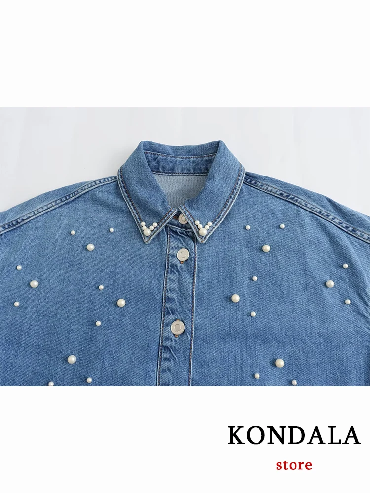 KONDALA New Chic Solid Blue Denim Women Oversized Shirt Fashion 2023 Autumn Casual 3D Jewel Long Sleeve Streetwear Button Blouse