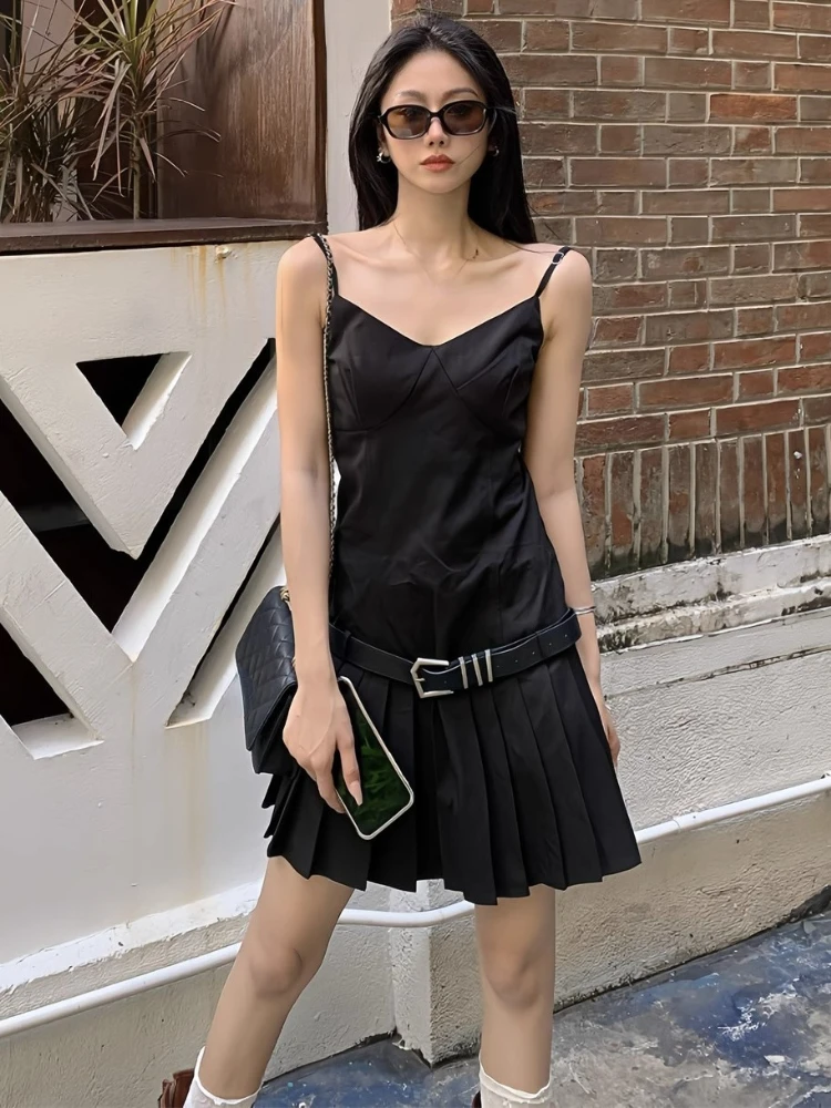

Y2k Aesthetic V Neck Black Women Slip Dress Vintage Grunge Slim Harajuku Sexy Belt Dresses Pleated Streetwear Vestido De Mujer
