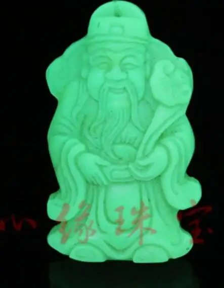 Rarely Natural Stone Fluorite Carved Chinese God of Wealth Lucky Pendant + Rope Necklace Glow in Dark luminous stones Jewelry