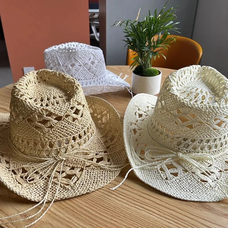 Modny nowy czeski słomkowy kowbojski kapelusz dla kobiet, klasyczny retro pusty unisex kręcony kapelusz przeciwsłoneczny z szerokim rondem dla mężczyzn, fis — zdjęcie 3