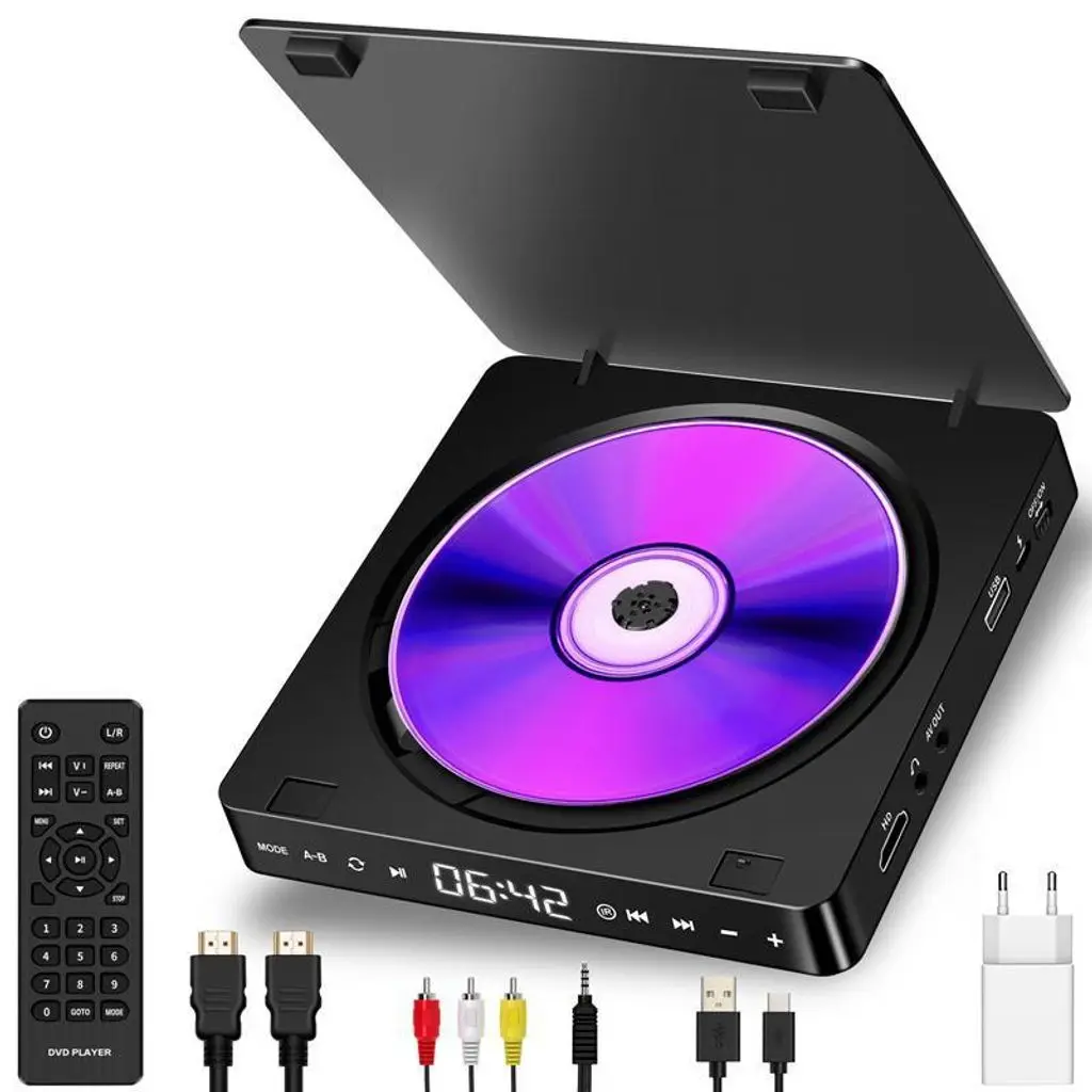 Kompakter DVD Player HDMI AV USB Type-C Touchpanel LED Display Fernbedienung Schwarz für TV