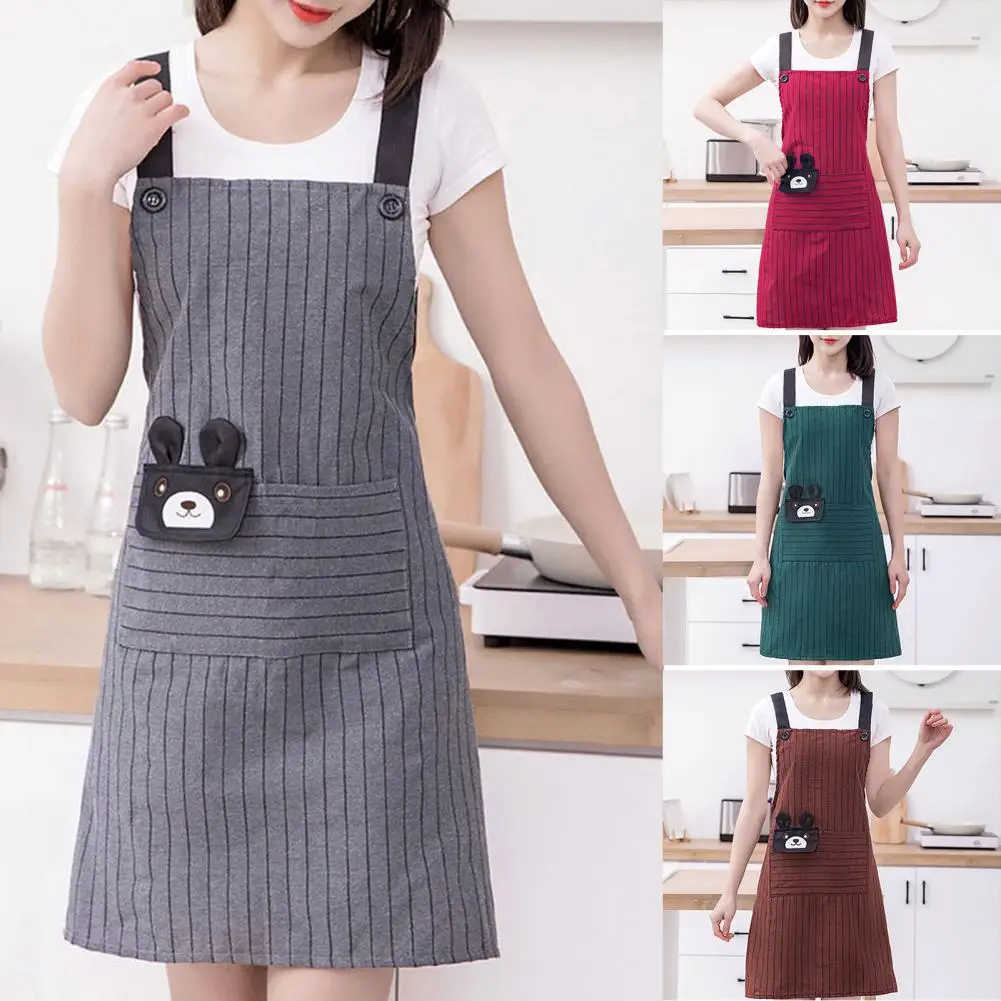 Kitchen Apron Big Pocket Design Texture Breathable Striped Lace Up Dirt Resistant Cartoon Bear Painting Cleaning Apron For Home