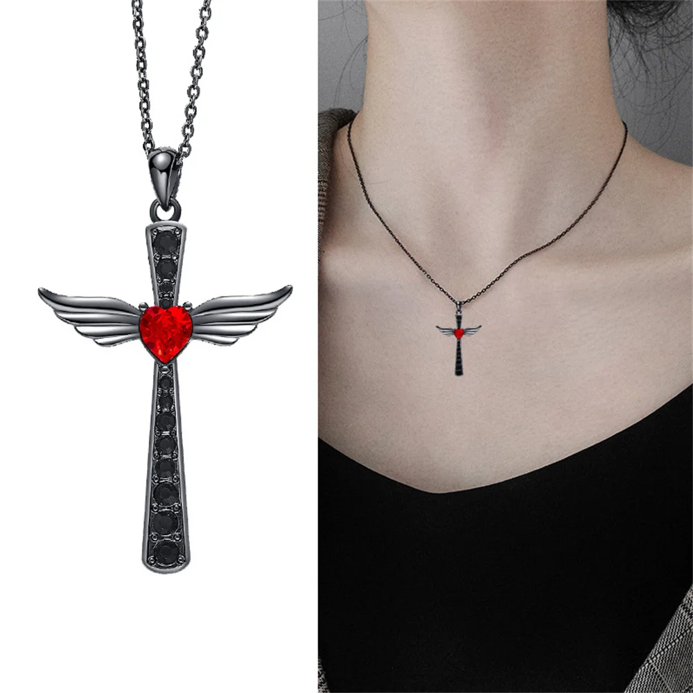 1pc Vintage Love Wings Cross Necklace for Women Men Retro Fashion Cross Pendant Clavicle Chain DIY Jewelry Accessories Gift