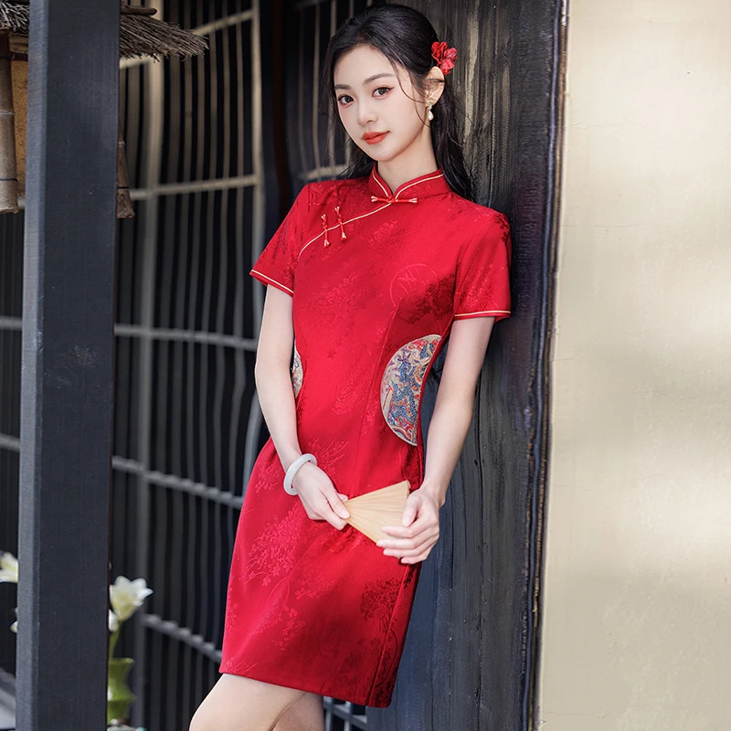 Red Short Qipao Dress, Slim Fit Modified Traditional Cheongsam, Girl Wedding Party Cocktail Dress for Women