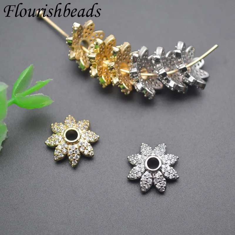 30pcs/lot 18k Color Gold Leaf Flower End Bead Caps for Women DIY Jewelry Making Paved CZ Needlework  Accessories