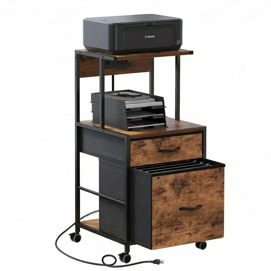 Armários de Arquivo para Escritório em Casa, Armário de Arquivo com Estação de Carregamento, Armário Vertical de Escritório com Prateleira Aberta, Suporte para Impressora