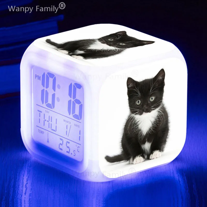 Cute Kitten LED Alarm Clock 7Color Changing Glowing Pet Cat Reloj Despertador Kids Room Multifunction Wake Timer Desk Clock