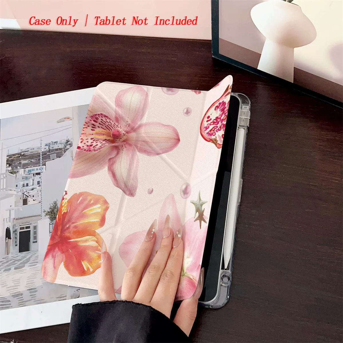 Cute Y-Fold Acrylic Pastel Pink Pomegranate Floral Print iPad Case For Apple iPad Pro/Air/Mini Slim Anti-Scratch Cover