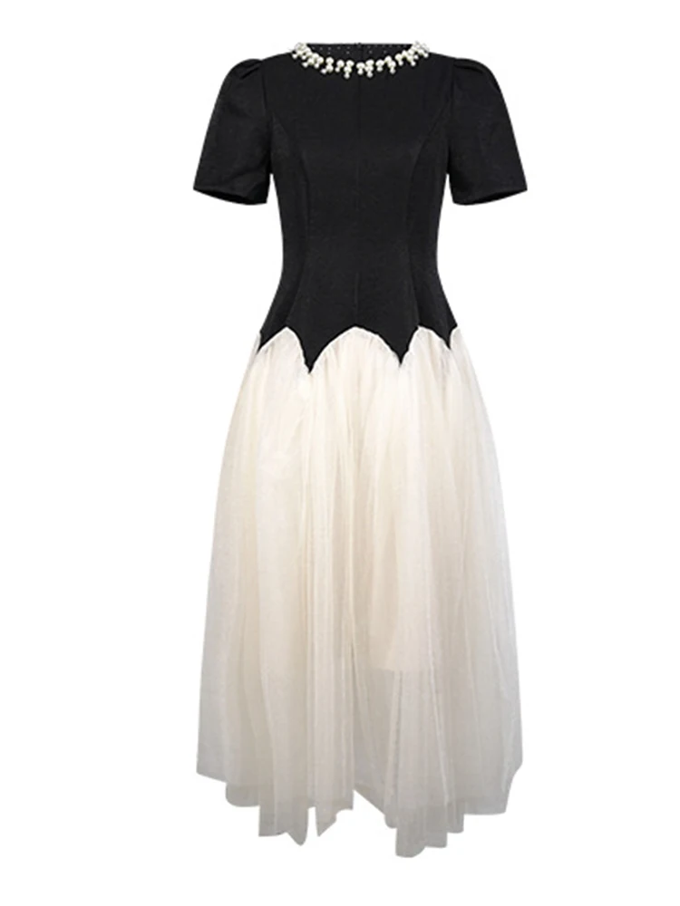 매력적인 우아한 흑백 이브닝 드레스 여성 진주 네크라인 시어 튤 가운 칵테일 파티 드레스 갈라스 사회 행사