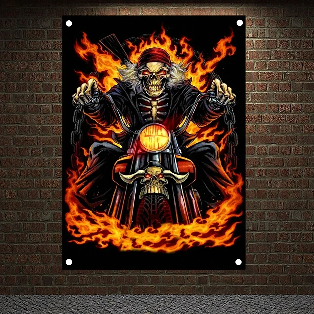 Schedel Vlammen Tattoo Biker Vlag Banner Canvas Schilderij Sexy dame Schoonheid Kunst Woondecoratie Hangende vlag 4 doorvoertules in hoeken