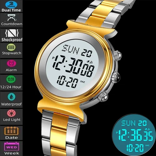 Relojes de pulsera Skmei de doble zona horaria para mujer, correa de acero de lujo, cronómetro LED resistente al agua, reloj de pulsera Digital de moda para mujer