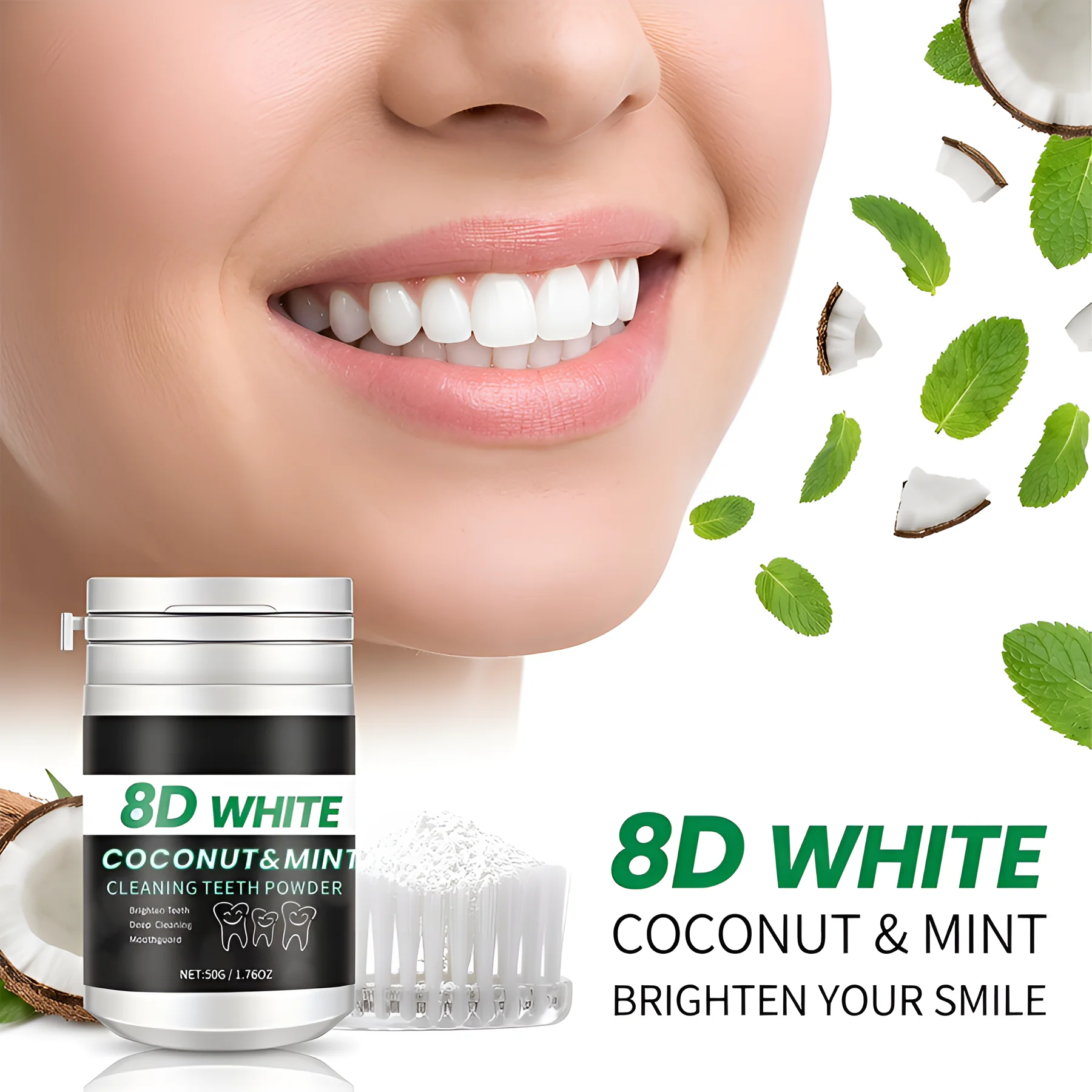 

8D Charcoal Teeth Whitening Powder – Coconut & Mint, глубокая очистка, отбеливание зубов, подходит для использования с капами для брекетов, свежее дыхание, вес нетто 50 г