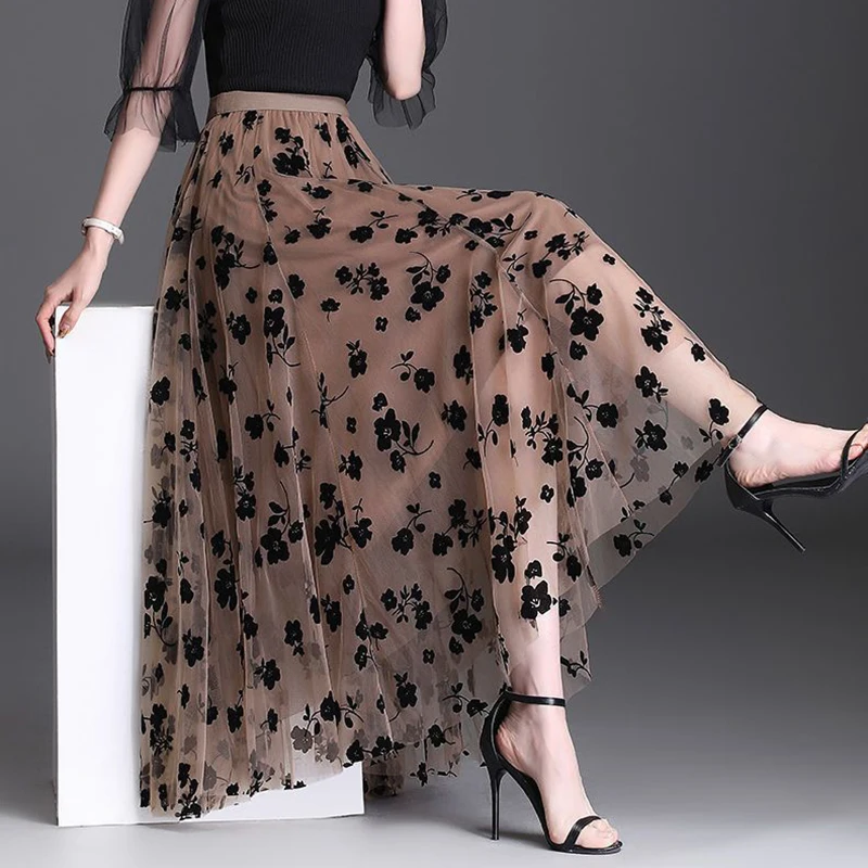 Korean Women Tulle Skirt Fashion Summer Hook Floral Loose Midi Skirt Elegant Female Casual All Match Mesh Skirts New