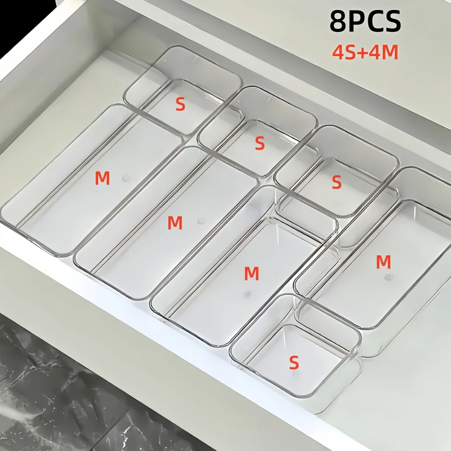 Boîtes de rangement cosmétiques transparentes, boîte de séparation et d'organisation intégrée à tiroir, boîte de rangement de papeterie de bureau 4/7/8 pièces