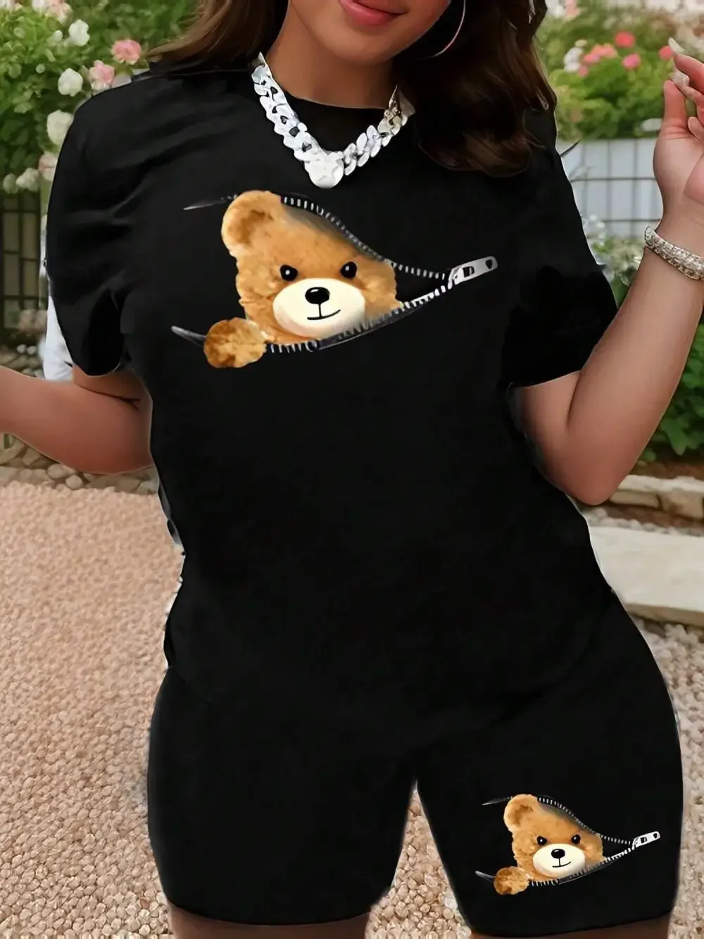 Women\'s Two Pieces Set Summer Casual Tops & Shorts Kawaii Teddy Bear Printing T-Shirt Female Loose Short Sleeve Street Clothes