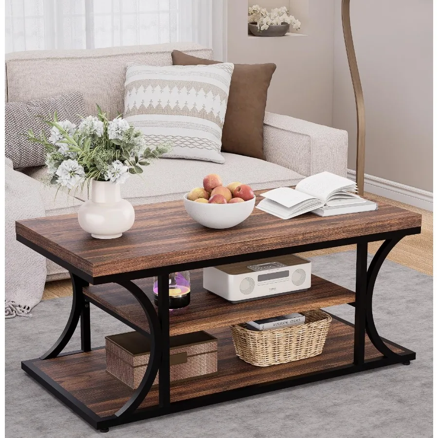 Coffee Table with Storage for Living Room, Farmhouse Style 3-Tier Wood Table in White with Rustic Charm and Ample Shelving Spac