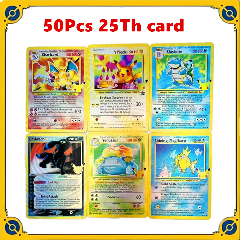 50Pcs Ptcg Hp Pokemon English Version 25Th Pikachu Charizard Venusaur Color Flash Gauze Flash Anime Game Collection Card Toy