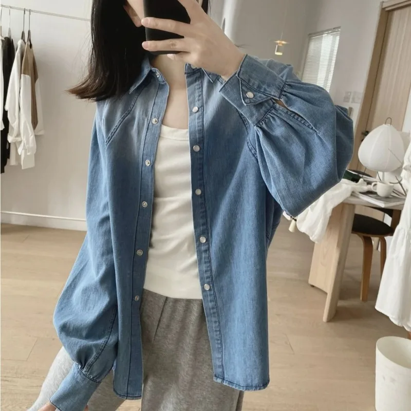 Women's Spring Autumn Blouse Jacket Denim Shirt Long Sleeve Designed Retro Niche Thin New Fashion Loose Comfortable Brand Simple