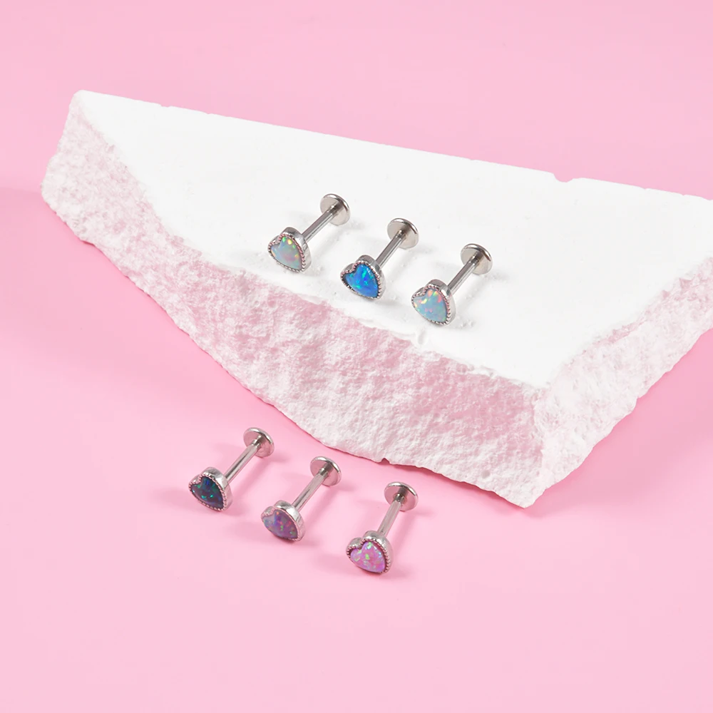 1pcs Surgical Steel Heart Shape Opal Lip Labret Piercing Lip Stud Ear Tragus Cartilage Conch Lobe Earrings Piercing Body Jewelry