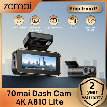 Kamera samochodowa 70mai Dash Cam A810lite 4K HDR z noktowizorem, superkondensatorem, obsługą sterowania głosowego, 4G LTE, wbudowanym GPS, Wi-Fi 6 i funkcją parkowania 24H.