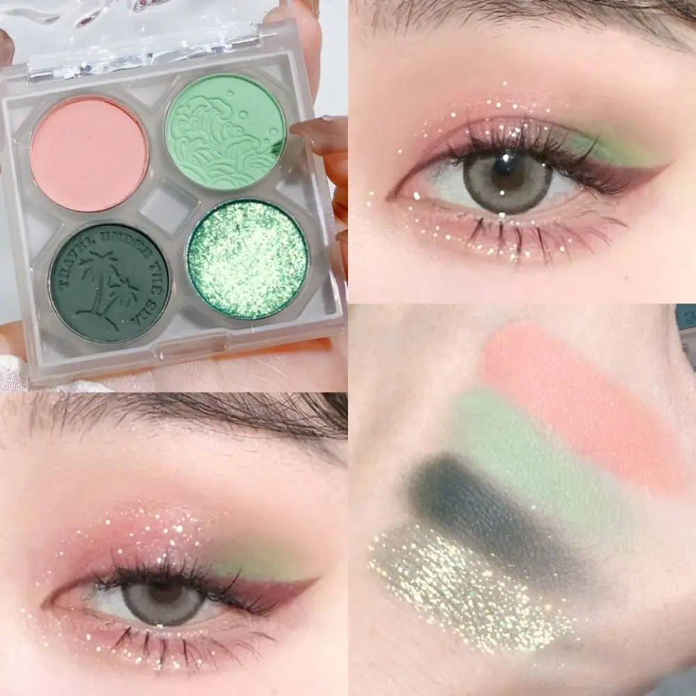 Mini sombra de ojos de cuatro colores, paleta de sombras de ojos mate, ondulación de agua, metalizado, pigmentado ahumado, verde brillante