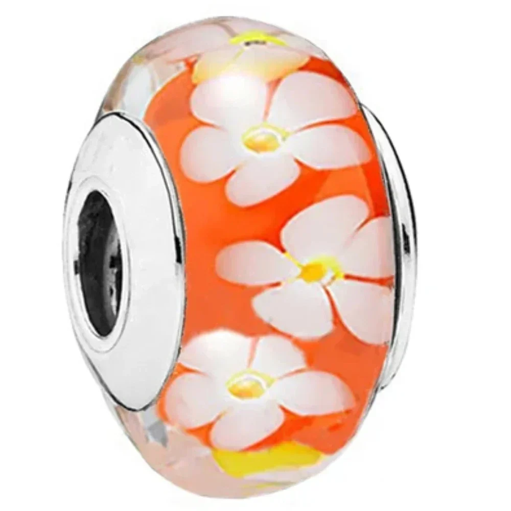 Klassischer 925 Sterling Silber Farbiger Blumen-Blatt-Kosmos-Regenbogen Murano-Glas Charm-Anhänger für DIY-Armbänder Damenschmuck Geschenk