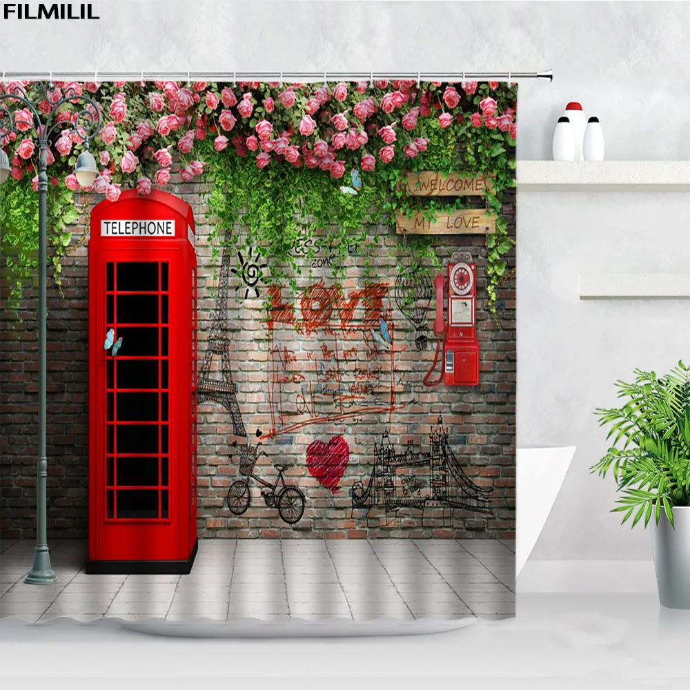 London Street View Shower Curtains Big Ben Red phone Booth Bus Printing Retro Wall Decor Cloth Screen Hooks Bathroom Curtain Set