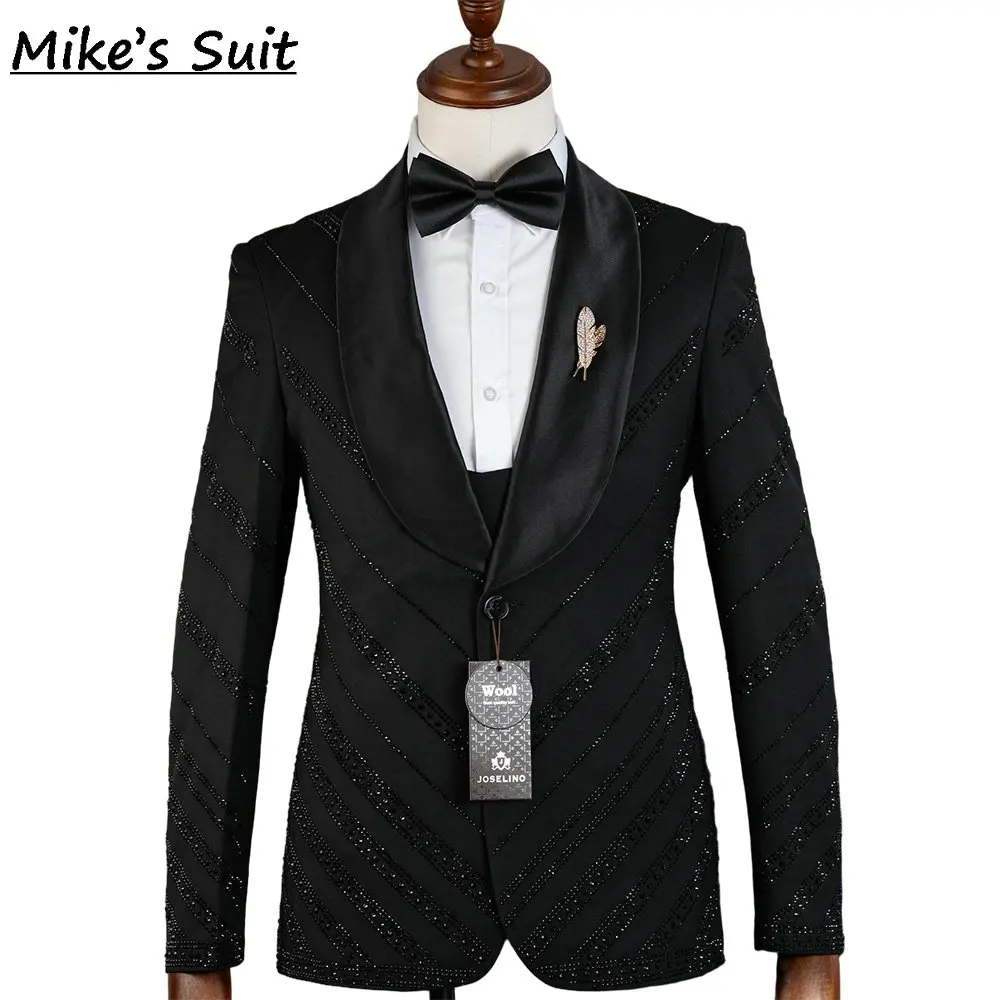 Terno de casamento preto noivo usar listra miçangas pérolas ternos do homem formal smoking duas peças conjunto blazer e calças traje de novia