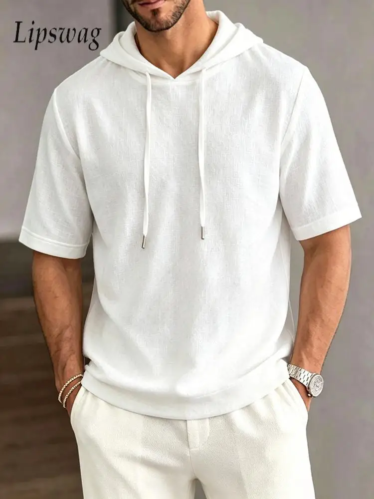 2026 Summer Fashion Solid Color Mens Hoodies Vintage Loose Drawstring Hooded Tops Men Casual Short Sleeve Linen Hoodie T Shirts