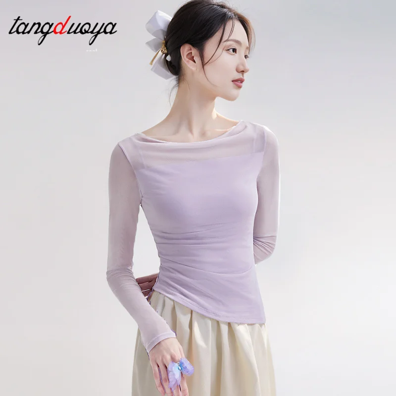 Classical Dance Top Modern dance clothes slim long sleeves Gauze Mesh Tulle Design Stage Performance Costume