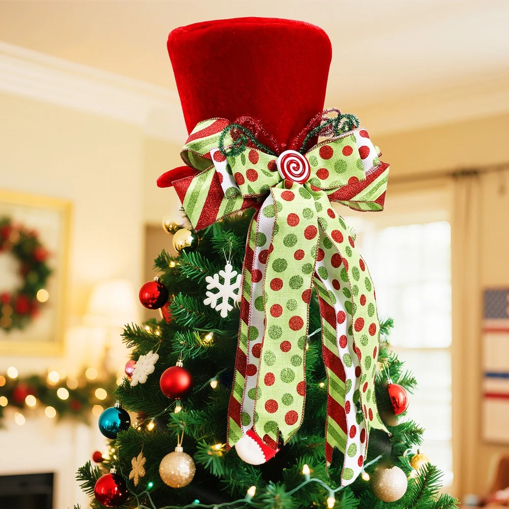 Collapsible Spring-Mounted Hat and Bow Ornament for Holiday Trees Emphasizing For Festive Theme and Practical Design