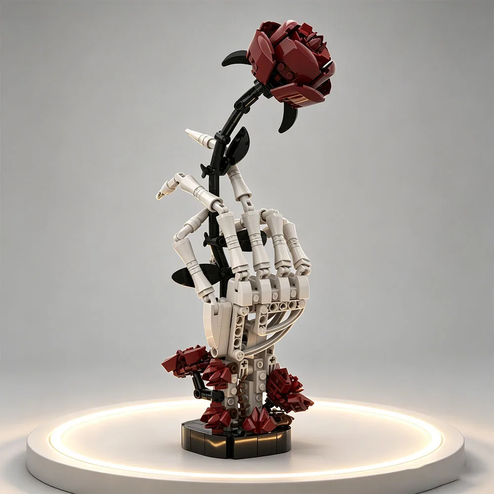 NEUES MOC Modellbausatz Totenkopf-Rosenstrauß Modell Gotischer Krähenschädel Blumen Dekoration Gotisches Kreuz Festival Party Geschenke