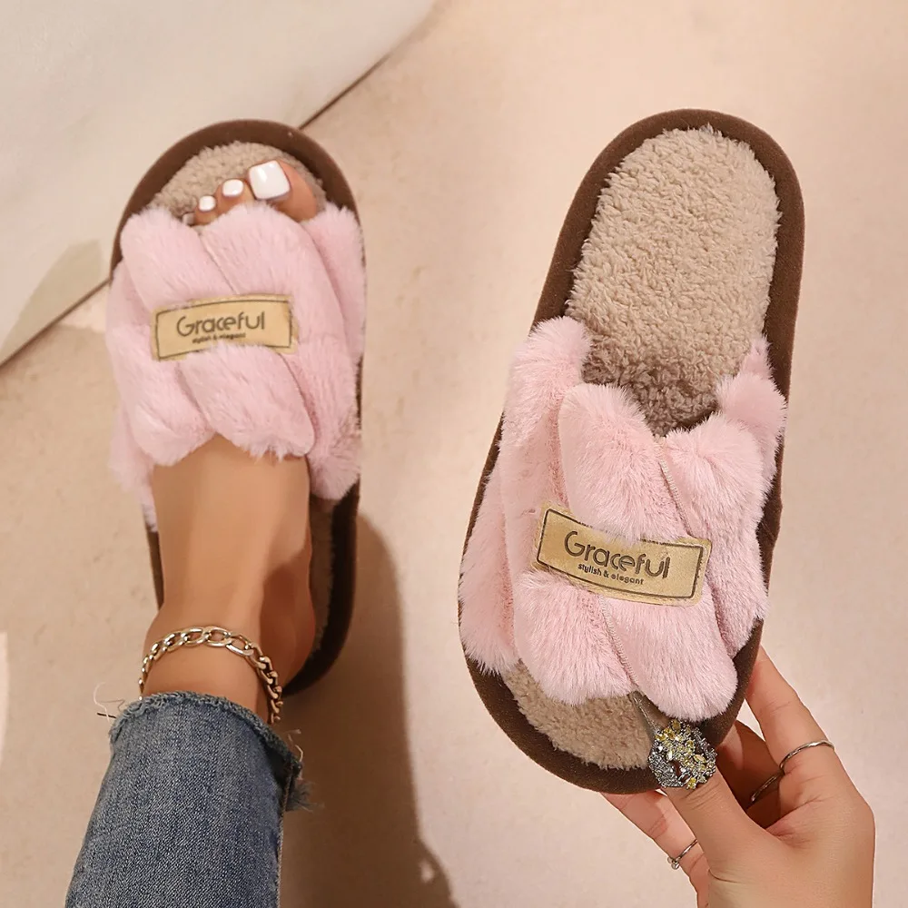 

Comfortable Stripe Furry Plush Slippers Non-Slip Fluffy Winter Indoor Slippers Thicken Warm Casual Fleece Slippers Indoor