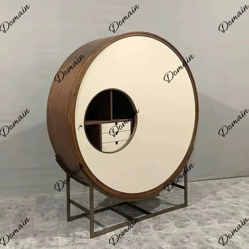 Italian Rotating Arc Wine Cabinet Wooden Entryway Storage Creative Drum Shape Art Shelving Unit