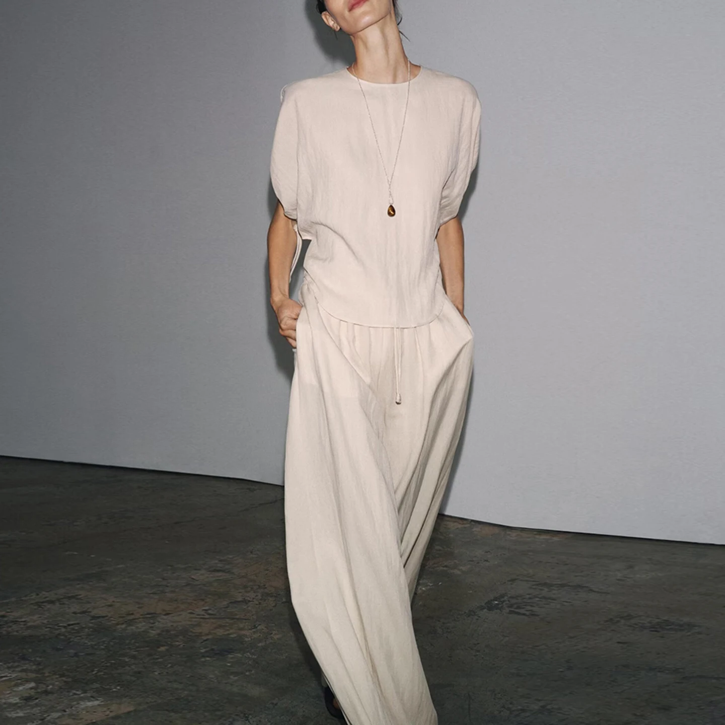 Z Damen Faion irt Loose Spwear Sle Pants Zweiteiliges Set Atmungsaktive Polyesterfaser ort Sve rund Ne