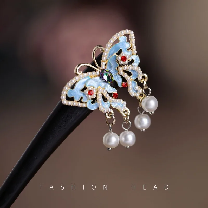 Enamel Chinese Butterfly Pin Premium Tassel Sandalwood Updo Hanfu Cheongsam Accessory Elegant Unique Daily Superb Very Fine Gift