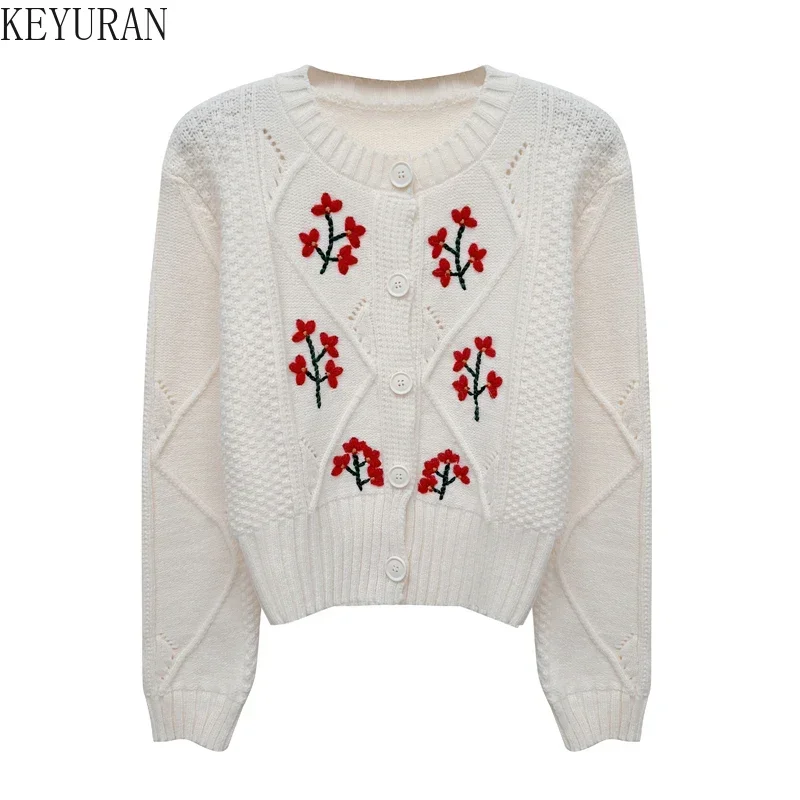 Vintage Floral Embroidery Sweater Coat Women 2024 Autumn Winter Korean Fashion O-Neck Long Sleeve Cropped Knitted Cardigan Tops