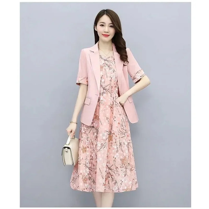 

Women's summer set 2025 new fashionable temperament thin short sleeved suit jacket floral dress two-piece set