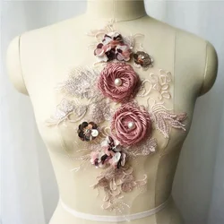 Pink 3D Flower Lace Fabric Beads Sequins Embroidered Wedding Gown Appliques Collar Mesh Sew Patches For Dress DIY Decoration