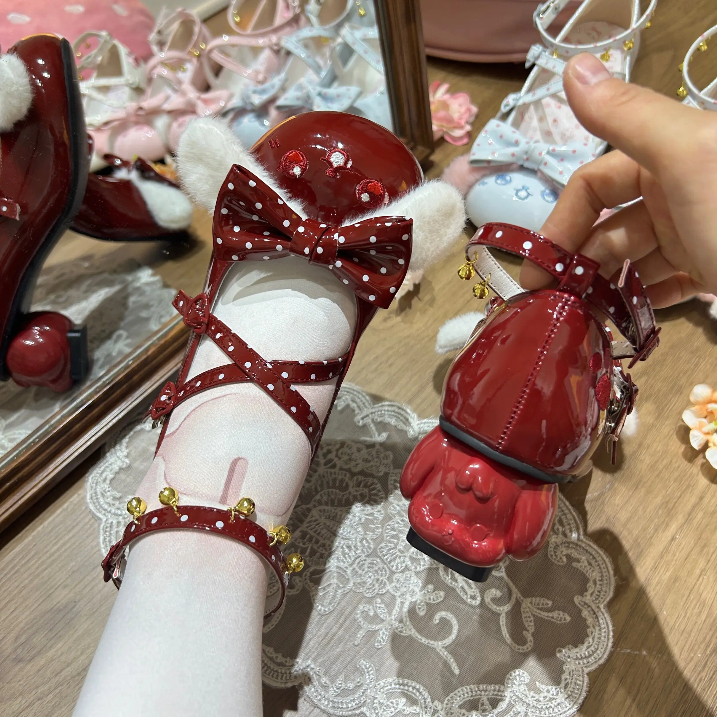 Japanese Original Sweet Cute Bow Ears Round Head Mary Jane Single Shoes Soft Girl Lolita Kawaii Dog Heel High Heels for Women