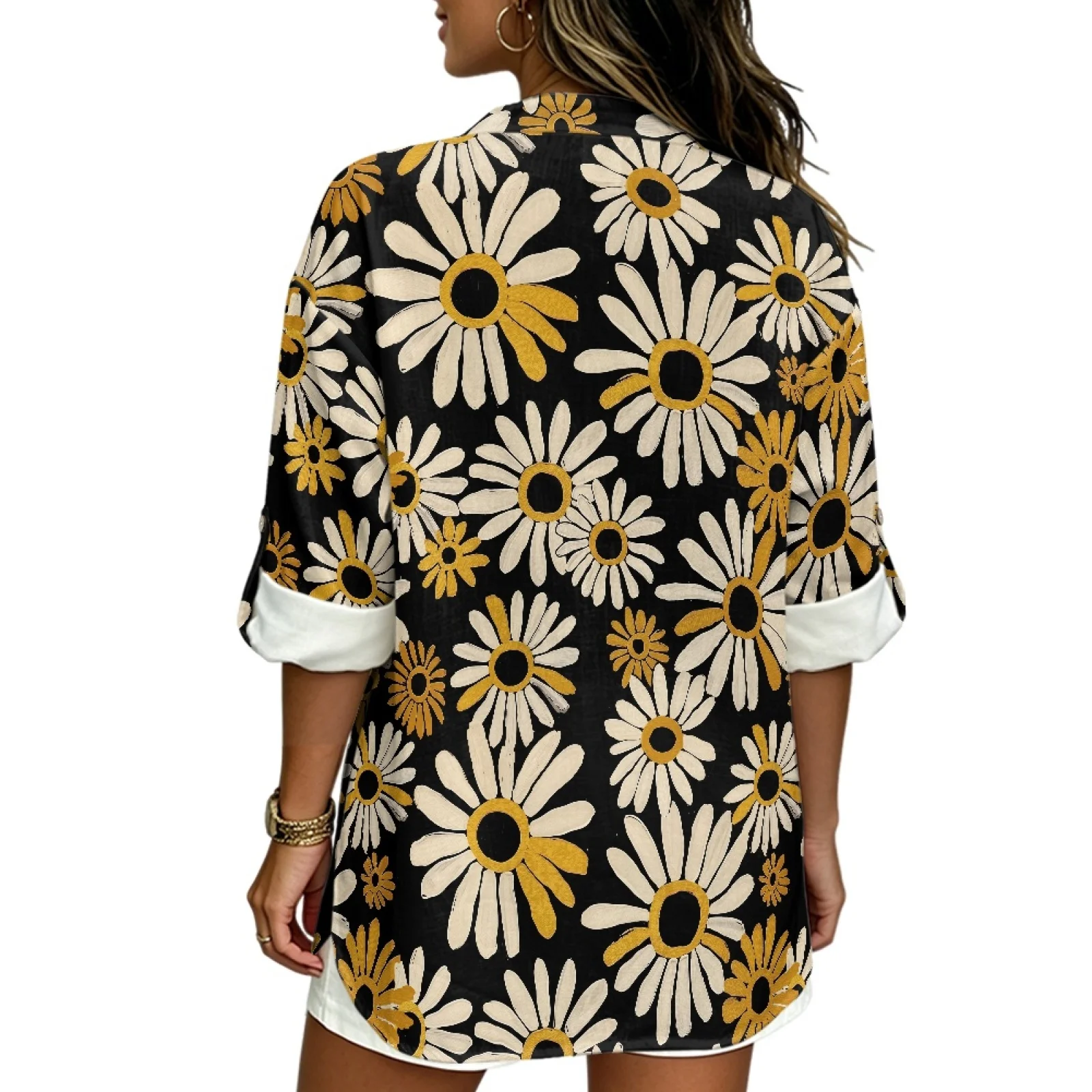 PENSTROLL Yellow White Daisy Cozy V Neck Blouse for Women Linen Like Long Sleeve Tops Tunic Shirts view 3