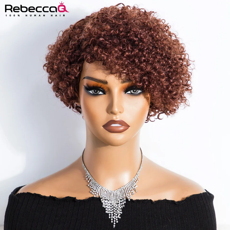 Reddish Brown Brazilian Curly Human Hair Wigs With Bangs Short Pixie Cut Bob Wig Glueless Curly Wig Full Machine Wigs For Women